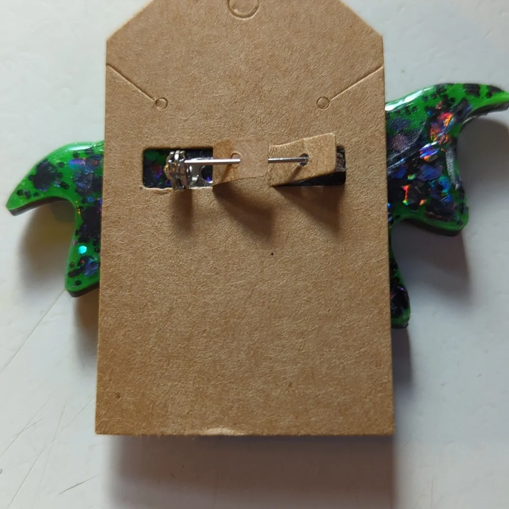 NWOT custom made epoxy bat earrings & pin set - Picture 6 of 6